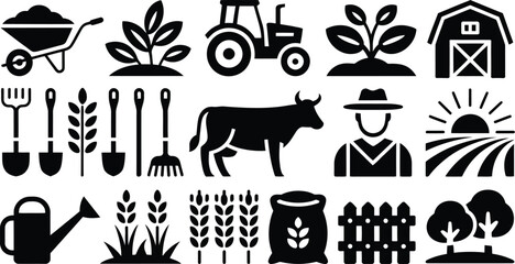 Collection of black and white farm icons depicting agriculture livestock and farming equipment perfect for illustrating rural life and agricultural practices in a simple style