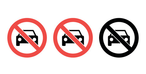 Three distinct no parking signs, two in red and one in black, indicate restrictions on vehicle placement.