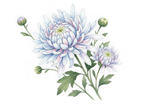 Watercolor illustration of delicate light blue purple chrysanthemum flowers green leaves, isolated on transparent background - Powered by Adobe