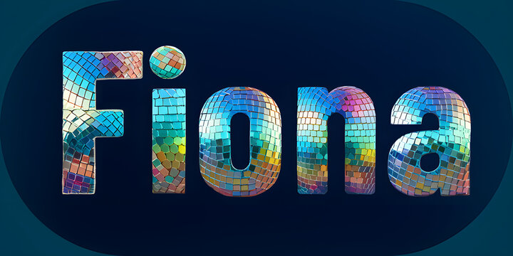 Colorful mosaic typography of the name Fiona in bold reflective tiles on dark blue gradient background.