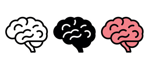 Three stylized icons of a human brain in outline, solid black, and pink color variations represent science, thought, and cognition.