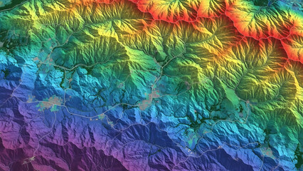 Colorful 3D Topographical Map Illustrating Terrain Elevation and Geological Features of a Mountain Range