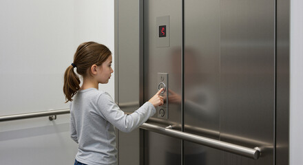 Girl pressing elevator button while waiting for ride indoors  
