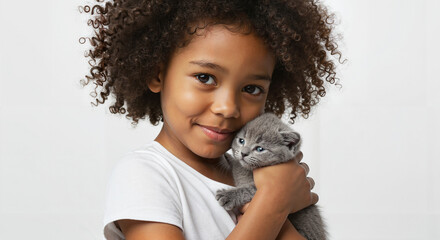 Young girl smiling while holding a fluffy gray kitten indoors  