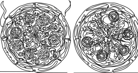 Intricate Continuous Line Art of Two Gourmet Pizzas