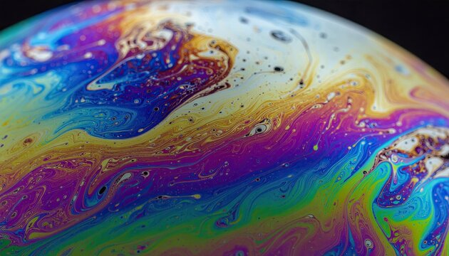 Close Up Macro Abstract Of Colorful Swirling Patterns And Textures Of A Soap Bubble Surface With Iridescent Rainbow Hues Reflecting Light