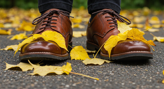 Brown leather shoes on autumn leaves in a park setting  