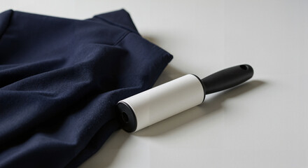 Lint roller on dark fabric with a smooth white handle  