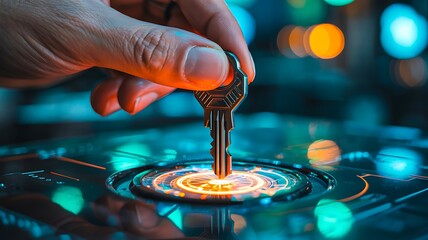 Hand inserting key into futuristic digital security interface

