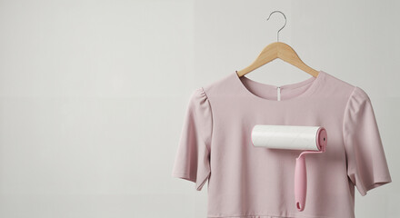 Pink dress hanging with lint roller on white background  