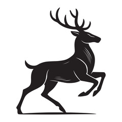 Deer silhouette vector illustration, Running deer silhouette with large antlers black and white vector