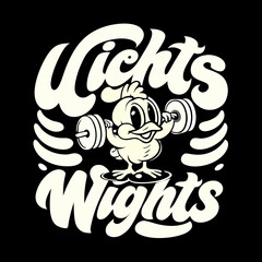 Cartoon chick lifting weights with text bird dumbbell