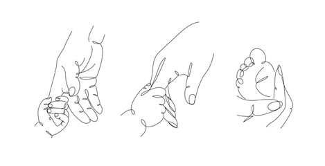 Mother hold child finger, hand, foot illustration drawing in linear art style with black color lines on white background