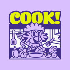 Cartoon owl chef cooking with vegetables in kitchen