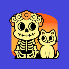 Cartoon skeleton with flower crown and yellow cat illustration