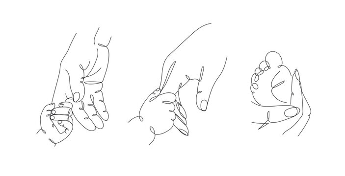 Mother hold child finger, hand, foot illustration drawing in linear art style with black color lines on white background