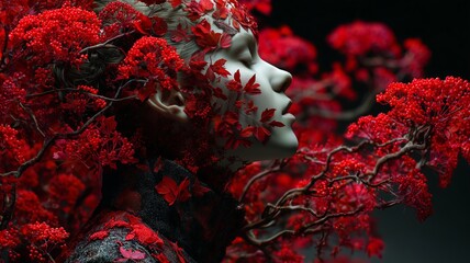 A woman’s face merges with vivid red flowers, symbolizing beauty, nature, and artistic elegance. The image conveys grace, creativity, and vibrant warmth.