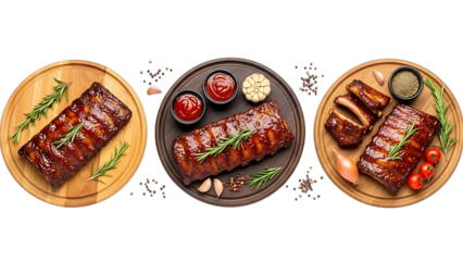Delicious barbecue ribs on wooden boards  a culinary delight with fresh garnish