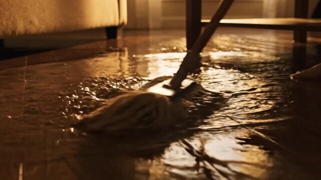 Warm ambient scene of a mop cleaning water on hardwood floor in golden light