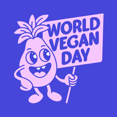 Cheerful pink plant character holding world vegan day sign