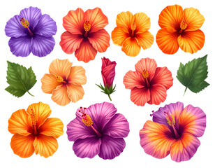 Assortment of vibrant, multi-colored tropical flowers & green leaves