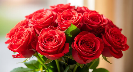 Obraz premium bouquet of red roses, Luxury bouquet made of red roses in flower shop valentines bouquet of red roses. Birthday, mother's, valentines, women's, wedding day concept 