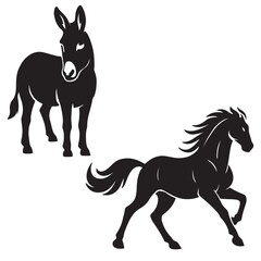Donkey and running horse silhouette black and white vector graphic. Black horse vector illustration