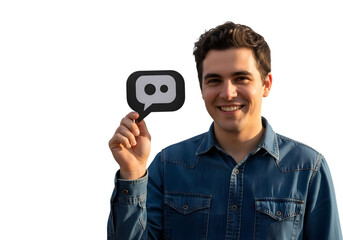 Smiling man holds up a twitch chat bubble icon