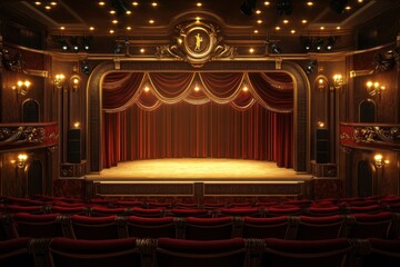 Dramatic theater stage with curtains and lights