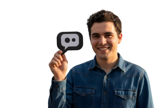 Smiling man holds up a twitch chat bubble icon