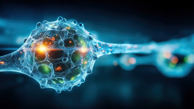 Microscopic neuron interaction laboratory setting digital art futuristic environment close-up view neural connections visualization