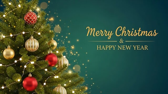 Festive Christmas tree with red and gold ornaments, glowing lights, and sparkle bokeh on a green blue background, elegant holiday greeting card design with space for text.” - Powered by Adobe