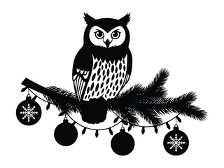 A black and white silhouette of an owl perched on a Christmas tree branch with ornaments creates a festive holiday design