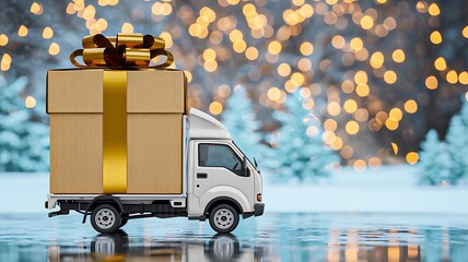 Mini delivery truck carrying large gift box in festive winter scene
