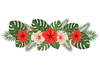 Tropical floral arrangement red pink hibiscus flowers green palm leaves, isolated on transparent background