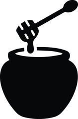 Minimalist black honey pot with wooden dipper silhouette vector icon