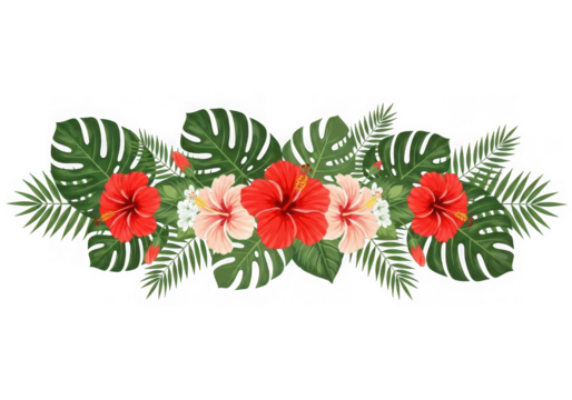 Tropical floral arrangement red pink hibiscus flowers green palm leaves, isolated on transparent background