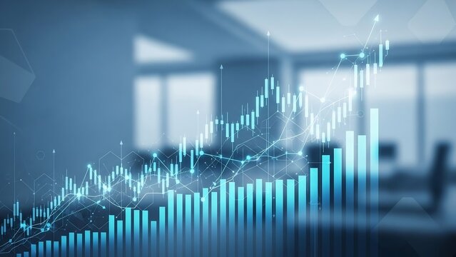 Dynamic financial growth chart with glowing blue lines and ascending bars, illustrating market trends and successful investment strategies against a blurred office.