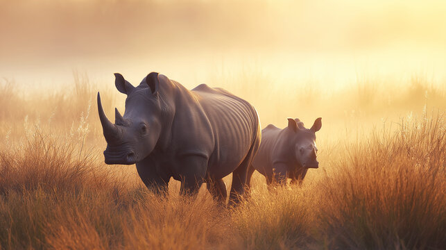 Majestic white rhinos wander through golden african savannah at sunrise - Powered by Adobe