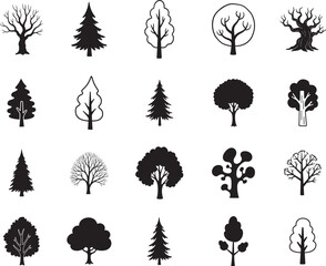 Tree and Forest Silhouette icon collection. Includes Silhouette symbols pine, palm, oak, forest, nature and more. Tree icon set. Minimalist icons pack.