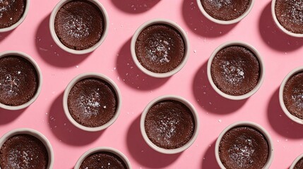 Fototapeta premium A flat lay of individual chocolate cobbler ramekins, pastel pink backdrop, clean minimalist style