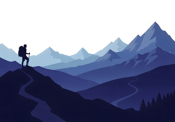 Lone hiker silhouetted against majestic snow capped mountain range