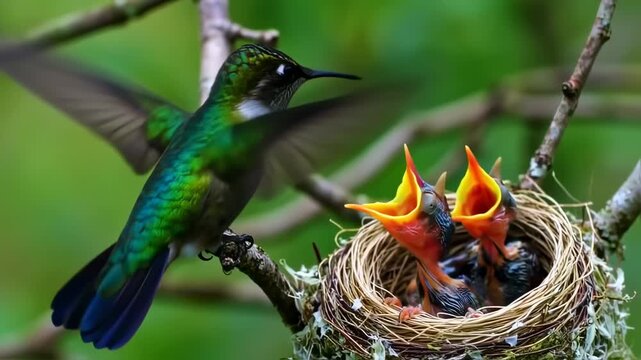 A hummingbird feeds its nestlings in a lush green forest