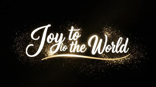 Joy to the world text animation sparkling on black background. Festive holiday greeting with elegant cursive font glowing. Christmas message concept for celebrations