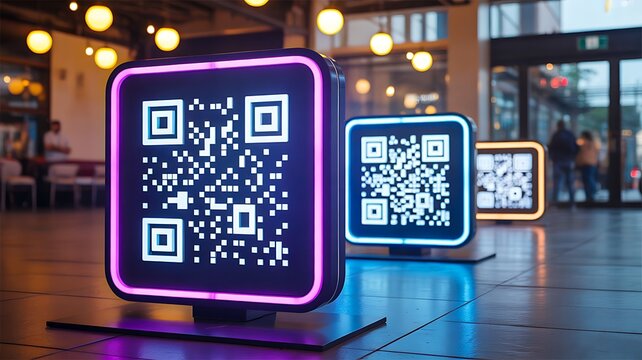 Neon qr code displays glowing in modern indoor space
