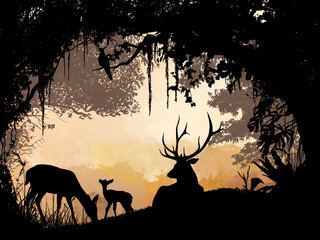 Wildlife Silhouettes Deer Family in a Mystical Forest