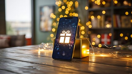 Smartphone with glowing gift icon on wooden table with lights
