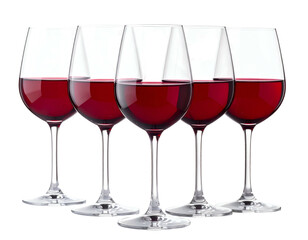 Five elegant stemmed glasses brimming with deep red wine on black