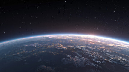 Obraz premium A stunning view of Earth from space, with the atmosphere and clouds in clear view. The sun rises over the horizon.