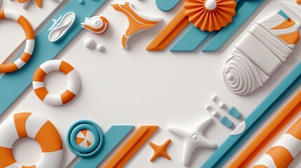 A collection of summer-themed objects including life preservers, starfish, and other decorative elements arranged on a white background.
